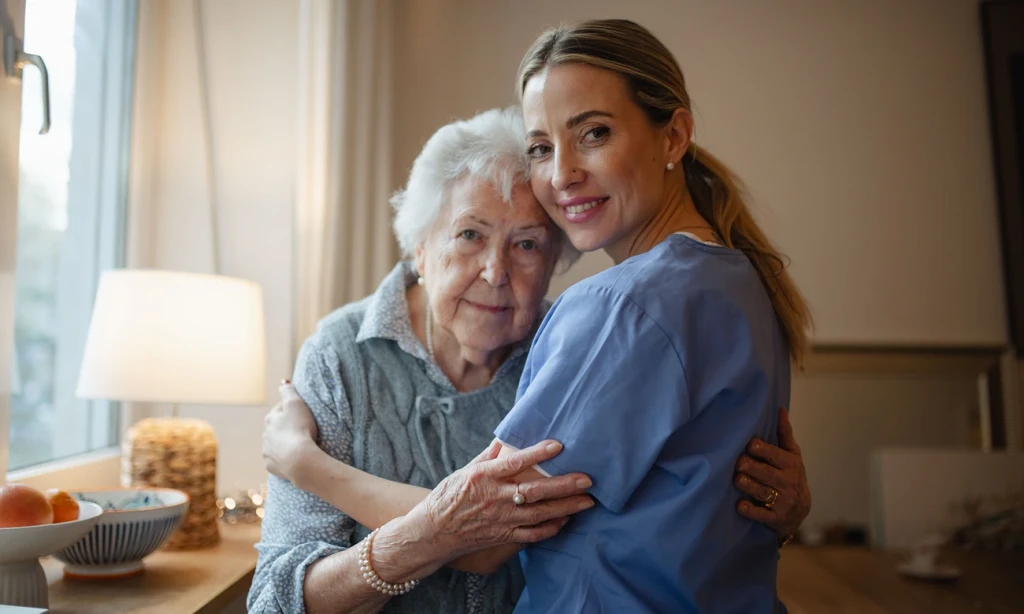 Kobieta w niebieskim ubraniu przytulająca seniorkę ubraną w sweter w przytulnym pokoju